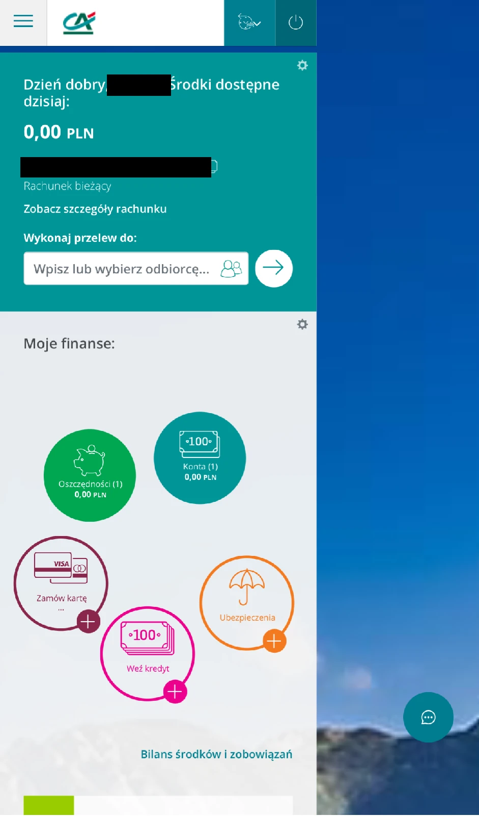 Menu główne CA24 eBank przed przejściem do ustawień