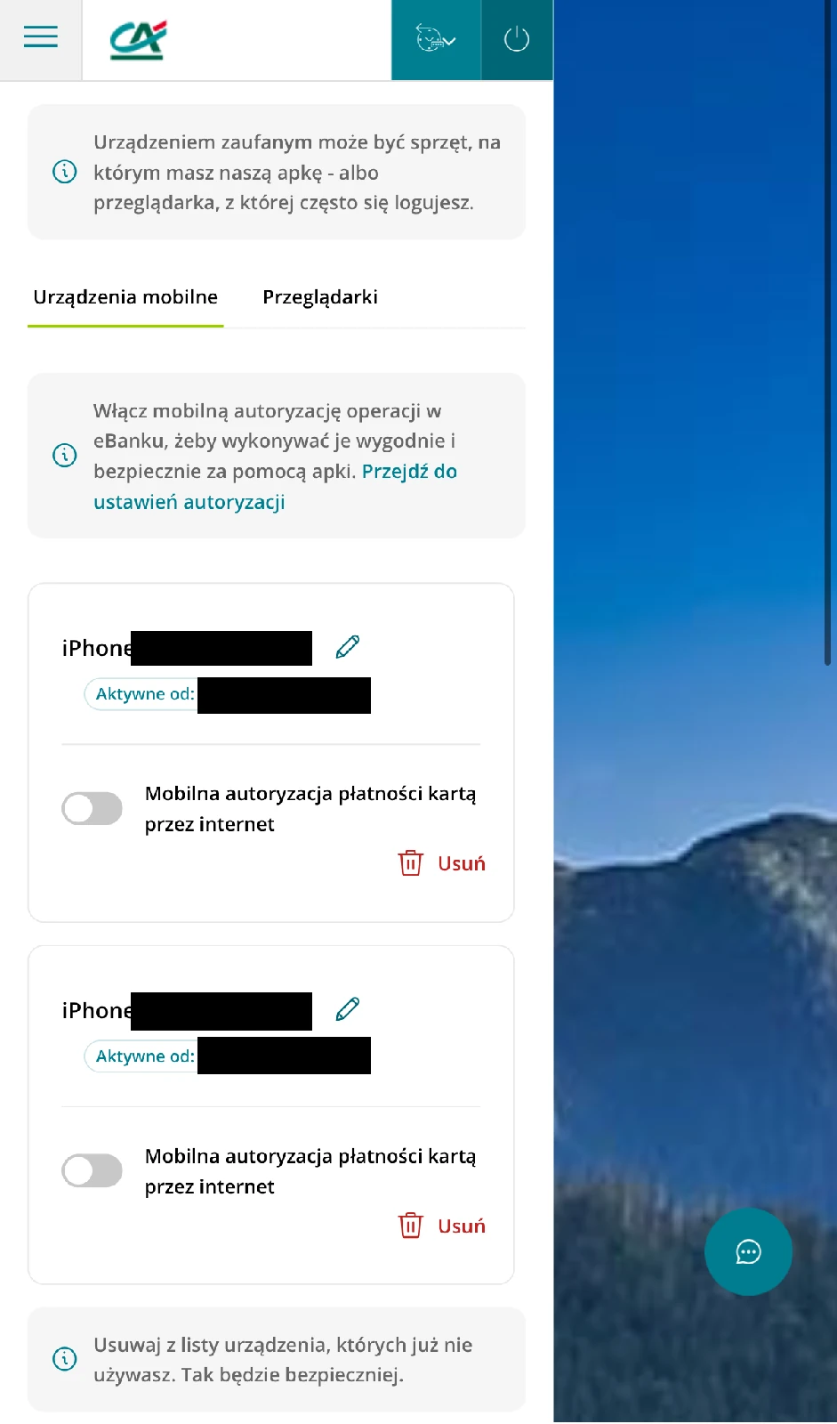 Dwa urządzenia mobilne na liście zaufanych w CA24 eBank