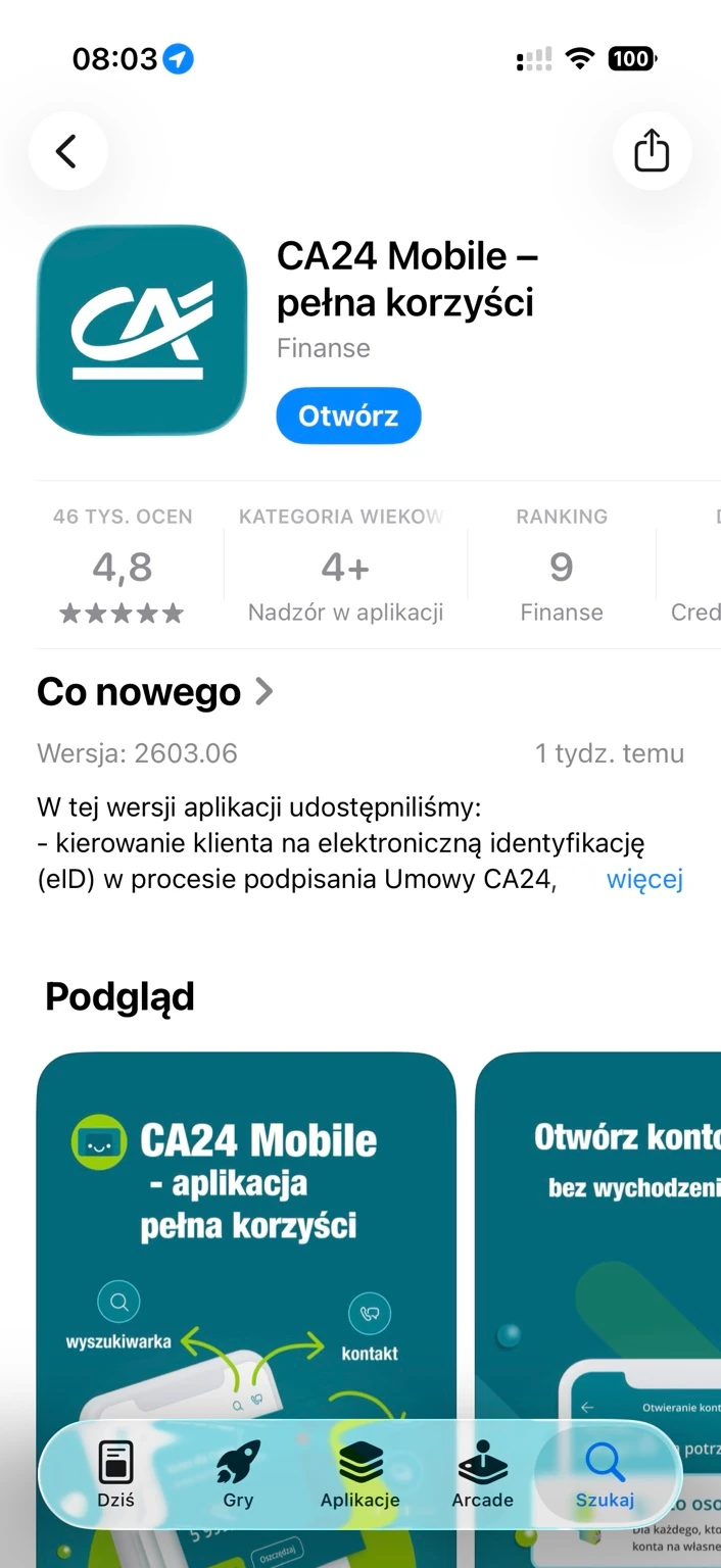 CA24 Mobile w App Store z przyciskiem Otwórz