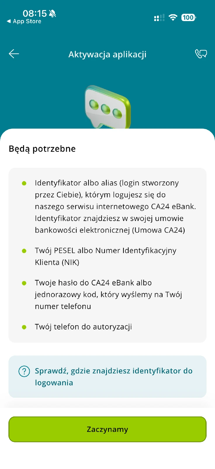 Lista danych potrzebnych do aktywacji CA24 Mobile