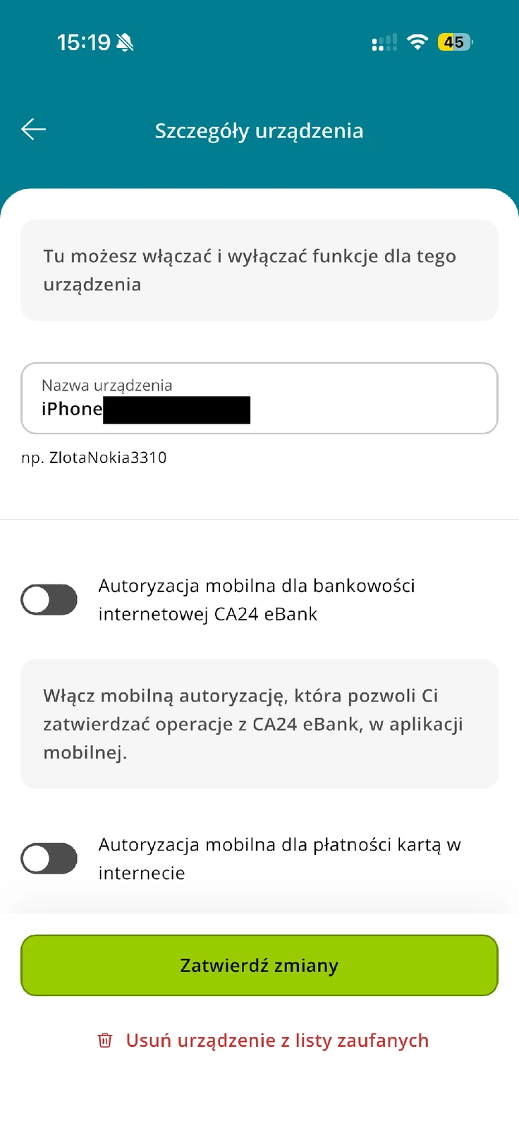 Wyłączone przełączniki zakresu mobilnej autoryzacji w CA24 Mobile