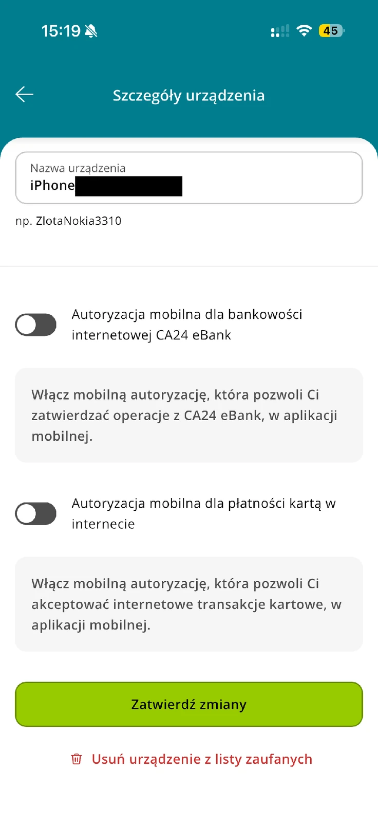 Szczegóły autoryzacji z przyciskiem Zatwierdź zmiany