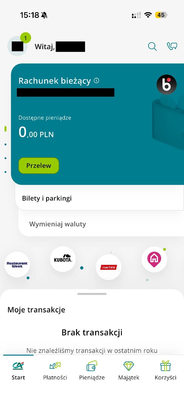 Wejście do Moich transakcji na ekranie Start CA24 Mobile