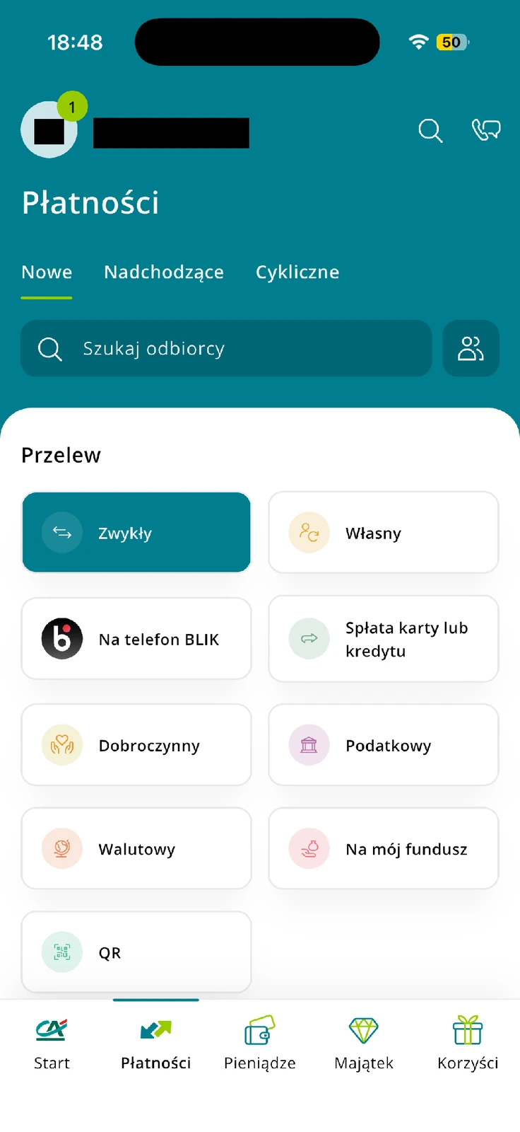 Zakładka Płatności CA24 Mobile z opcją zwykłego przelewu