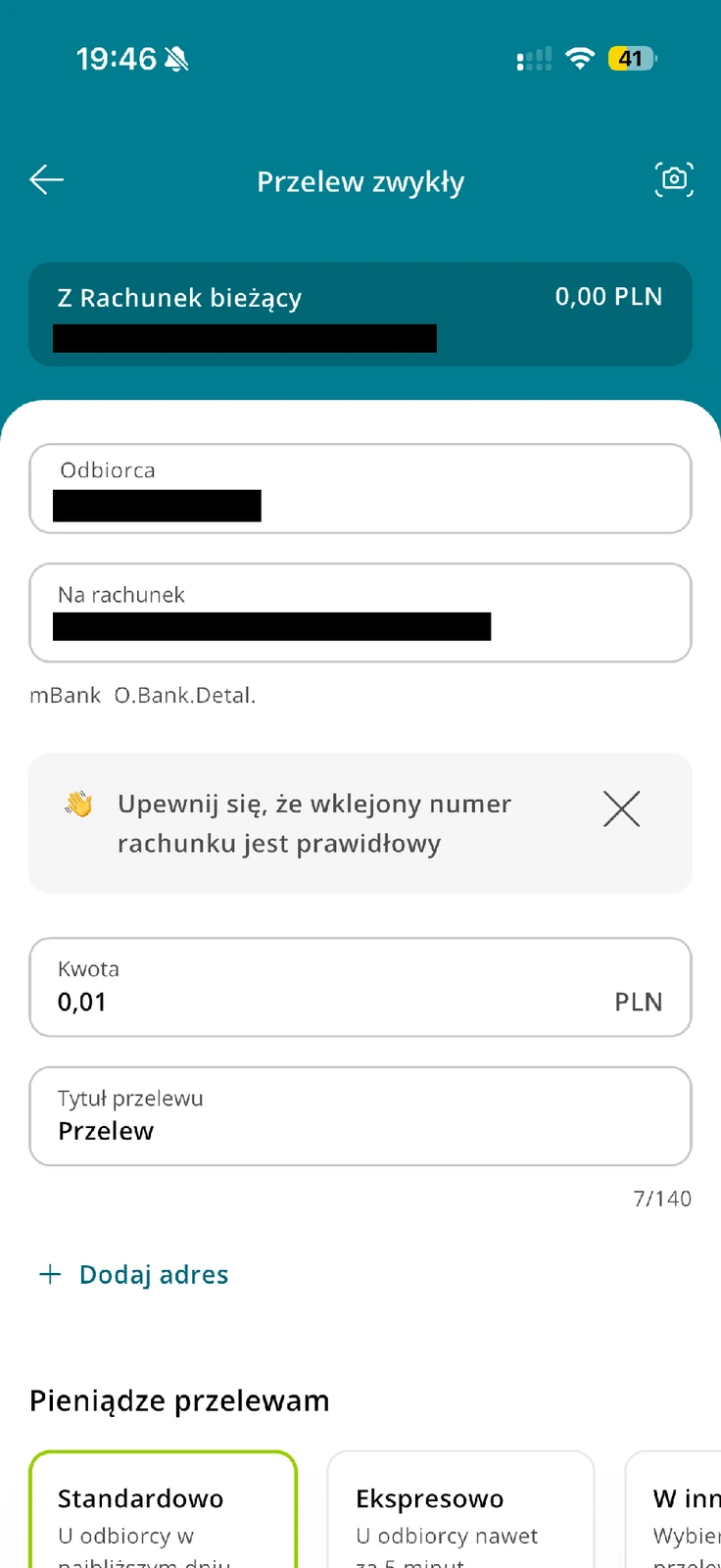Dane zwykłego przelewu w CA24 Mobile przed zatwierdzeniem