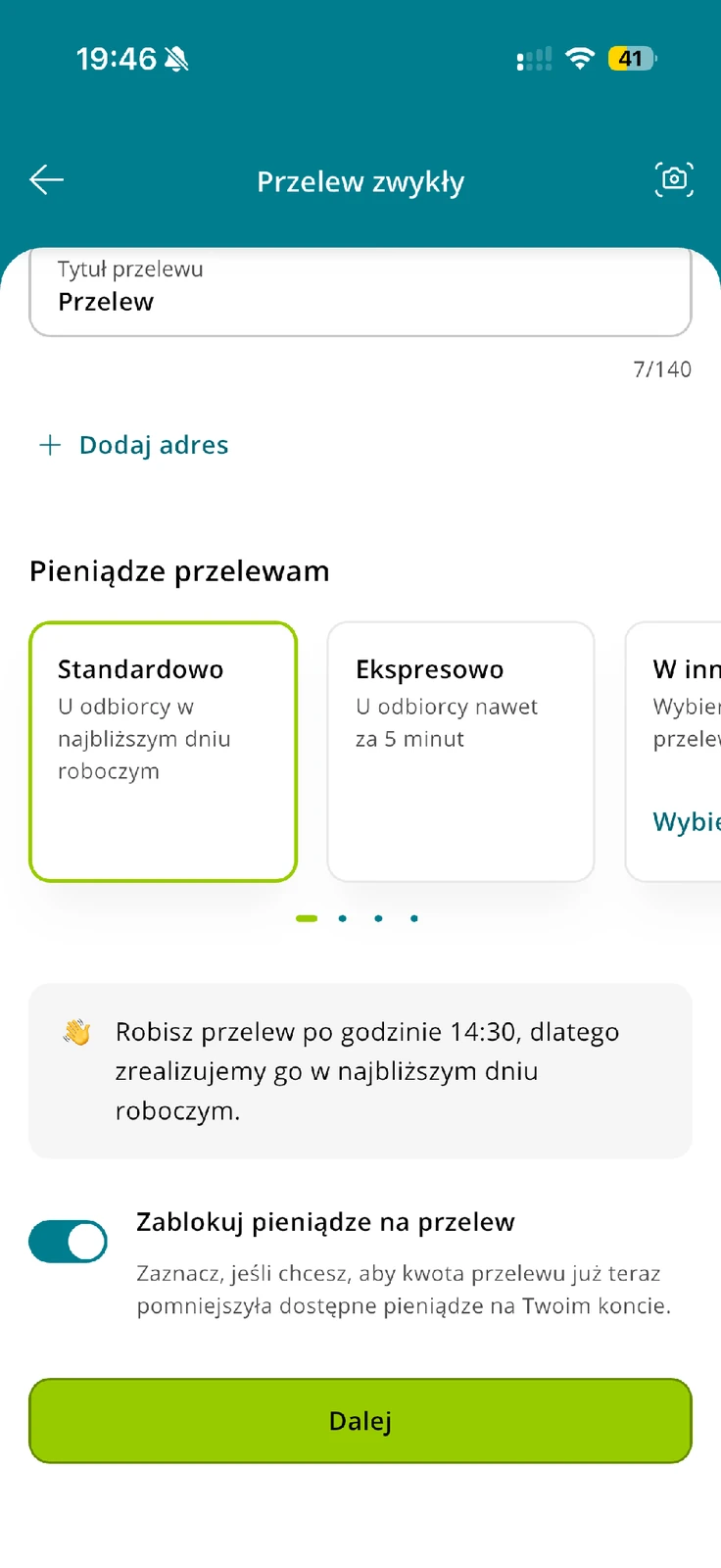 Wybór standardowego lub ekspresowego przelewu i informacja o godzinie 14:30