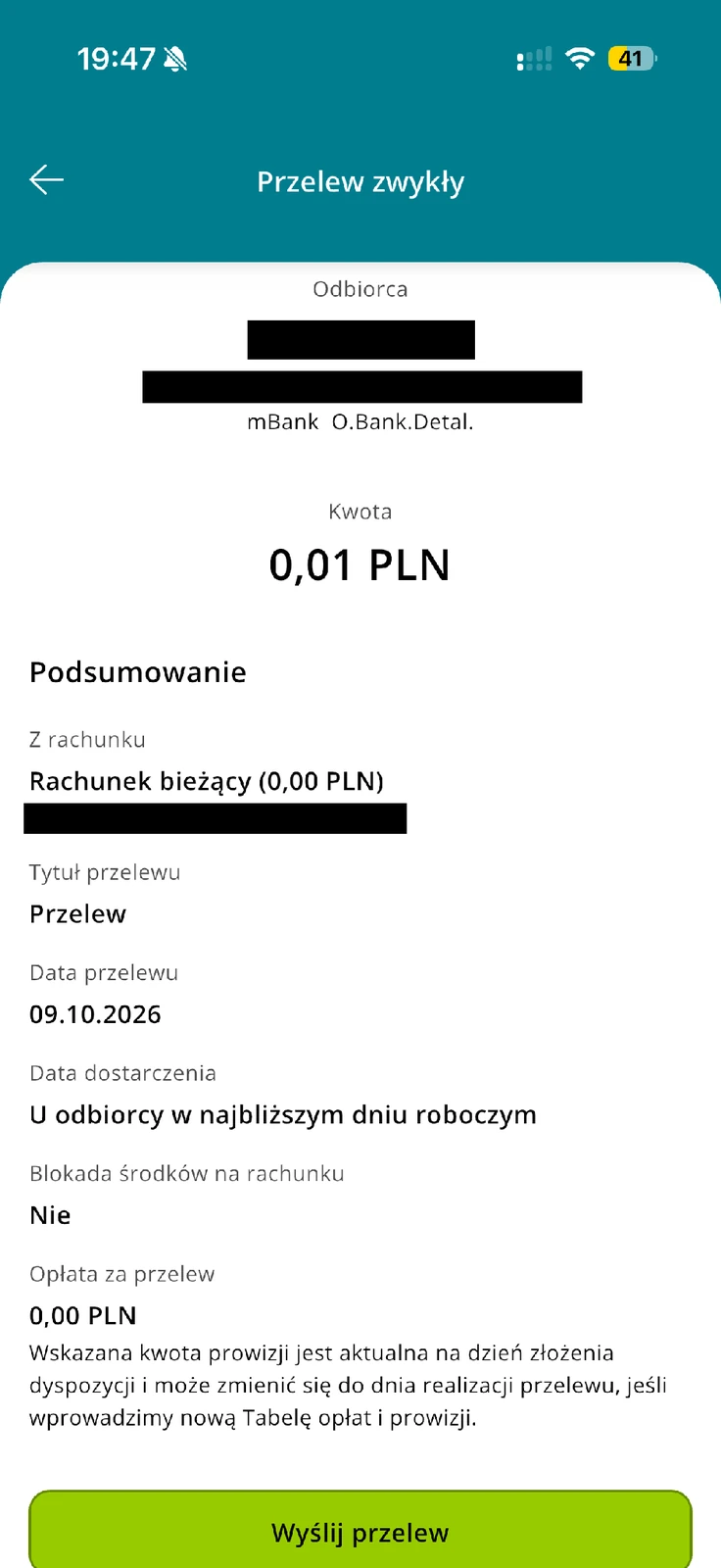 Podsumowanie standardowego przelewu Credit Agricole z datą i opłatą