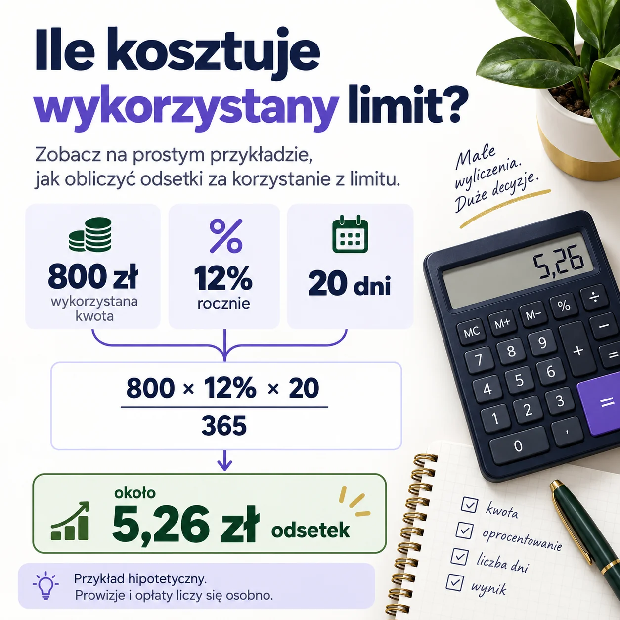 Przykładowe obliczenie odsetek od 800 zł wykorzystanego debetu
