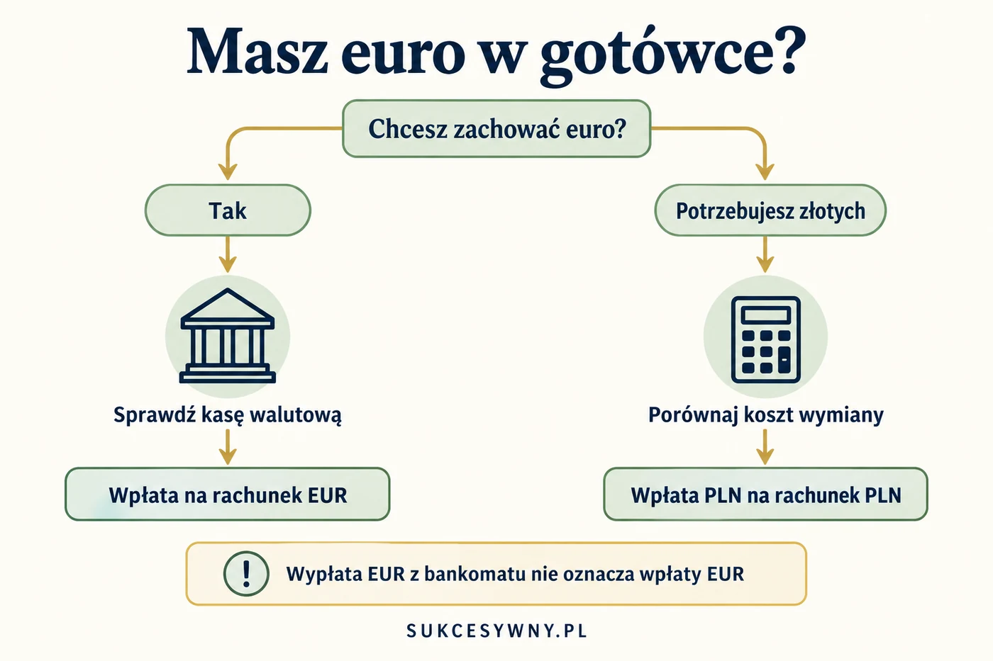 Dwie drogi wykorzystania euro w gotówce: wpłata na rachunek EUR w kasie walutowej albo wymiana na złote i wpłata PLN.