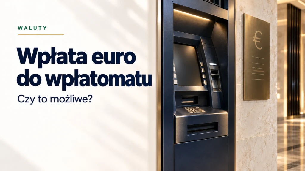Bankomat w jasnym wnętrzu placówki bankowej przy poradniku o wpłacie euro na konto.