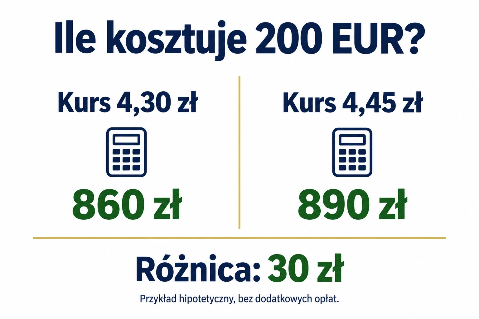 Porównanie kosztu 200 euro przy kursach 4,30 i 4,45 zł, z różnicą 30 zł