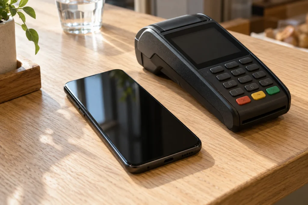 Smartfon obok terminala płatniczego na jasnym blacie