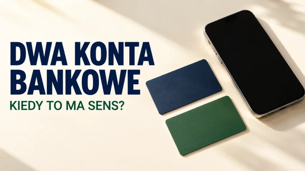 Dwie neutralne karty i telefon obok napisu Dwa konta bankowe. Kiedy to ma sens?