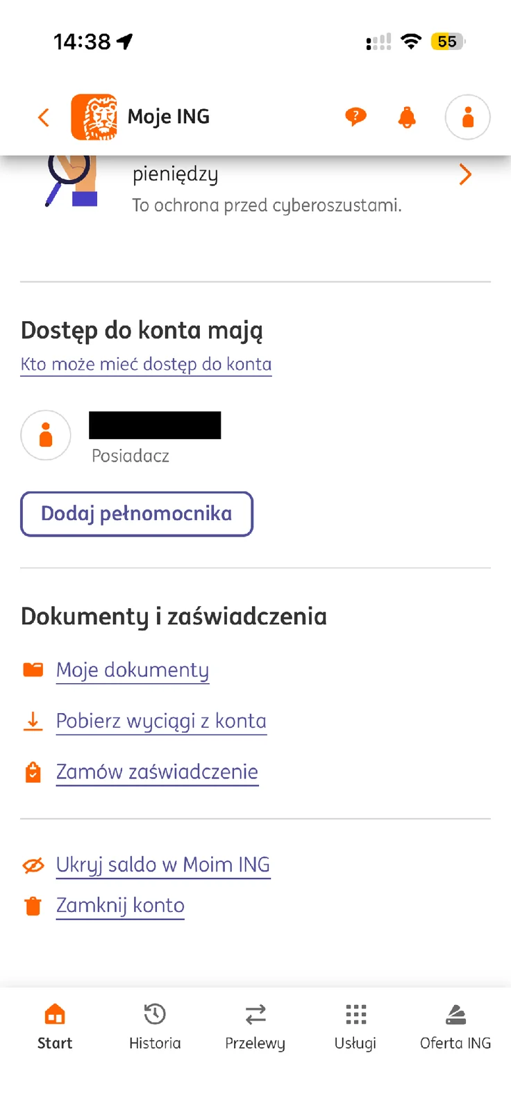 Opcja Zamknij konto w szczegółach rachunku ING