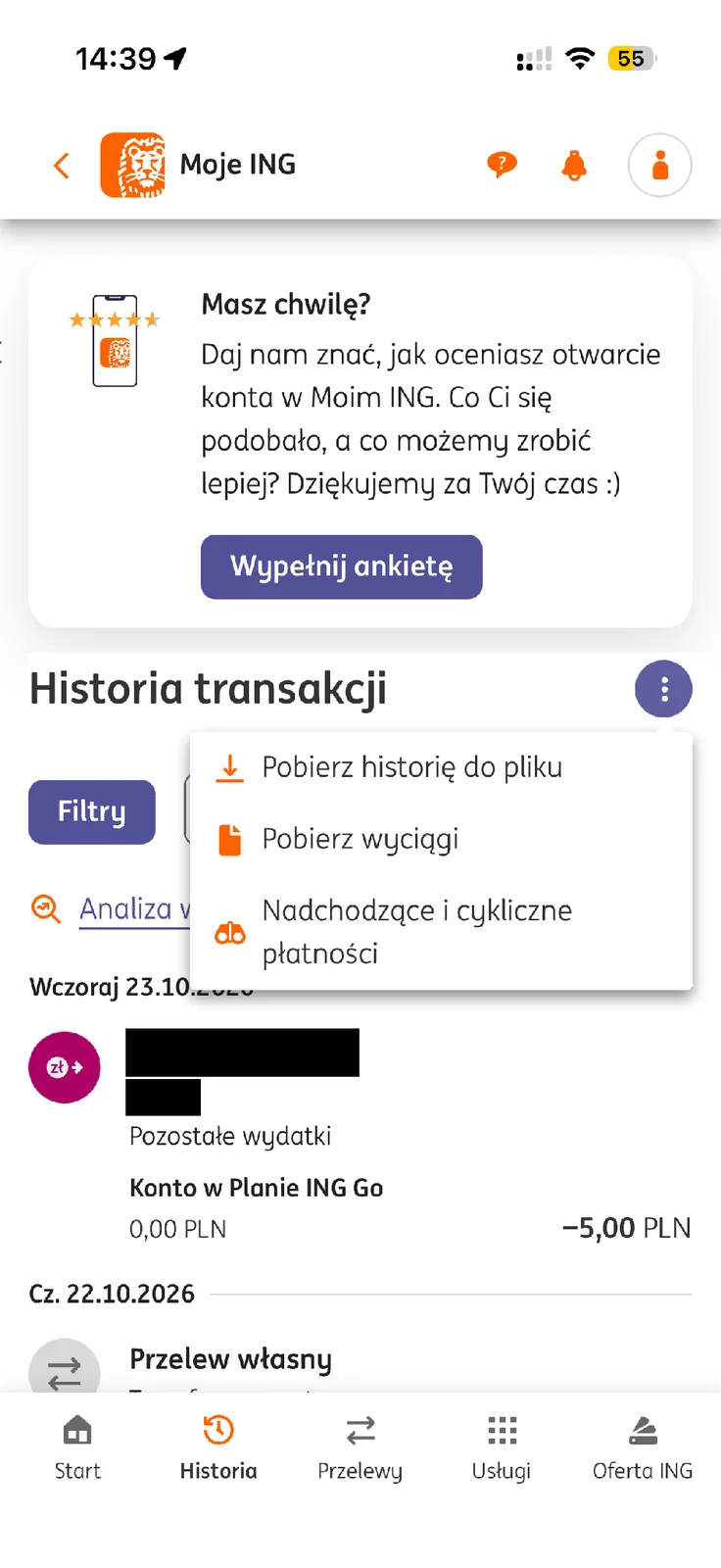 Menu pobierania historii i wyciągów rachunku w Moje ING