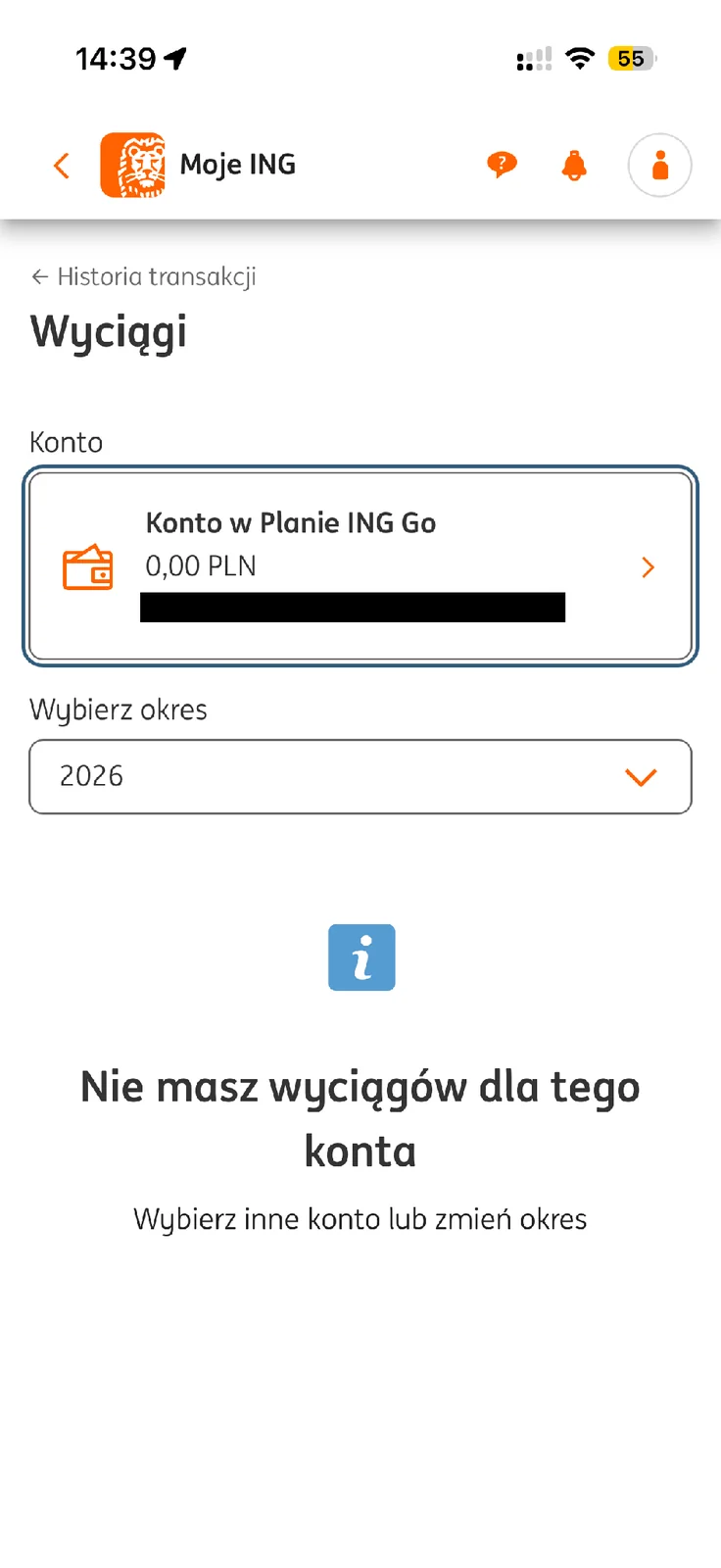 Lista wyciągów ING za rok 2026 z informacją o braku dokumentów