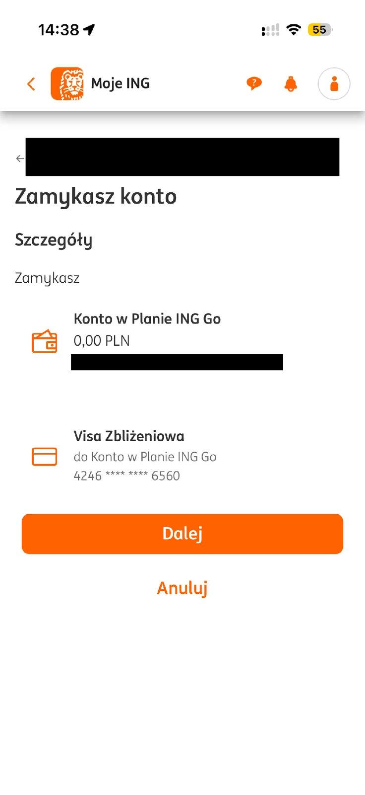 Pierwszy ekran zamykania konta ING z powiązaną kartą Visa