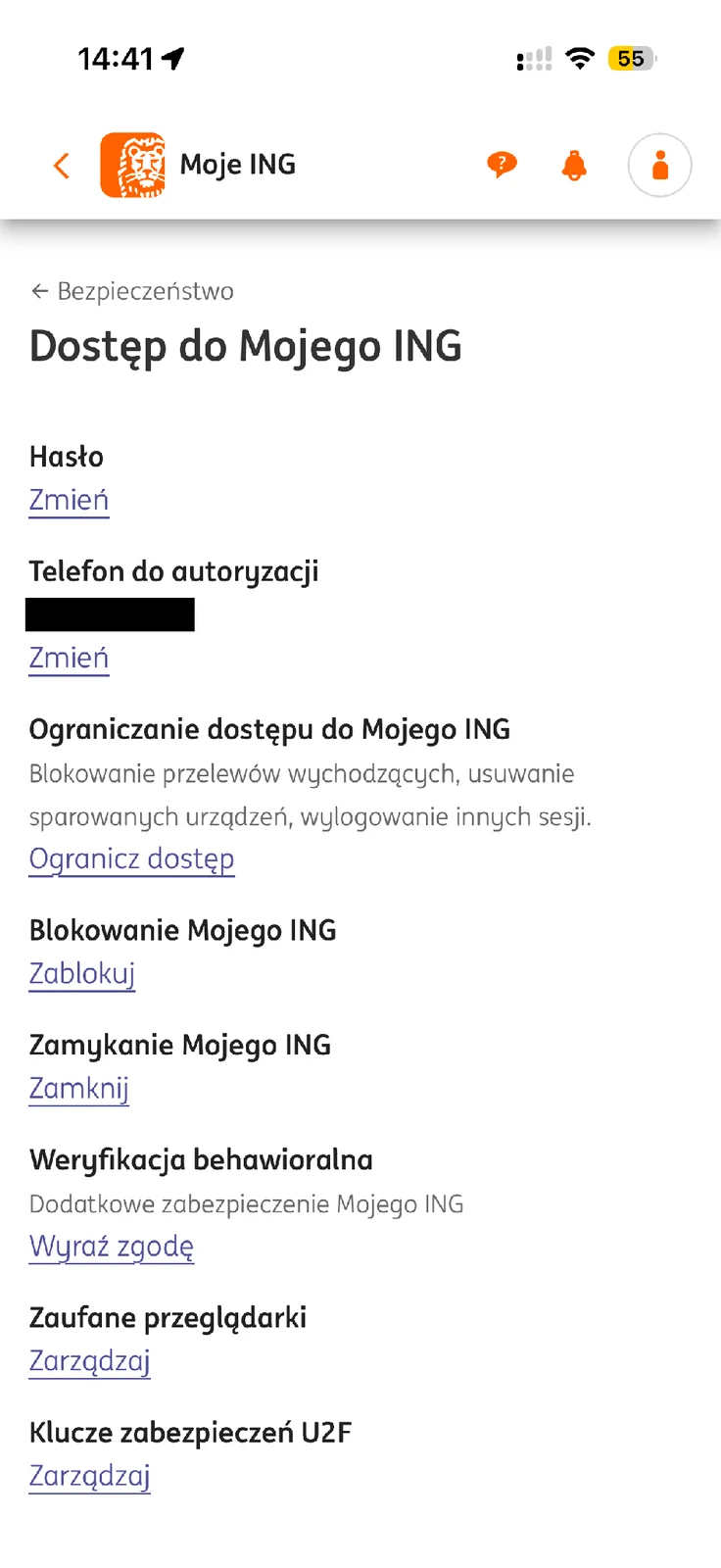 Zamykanie Mojego ING w menu dostępu do bankowości