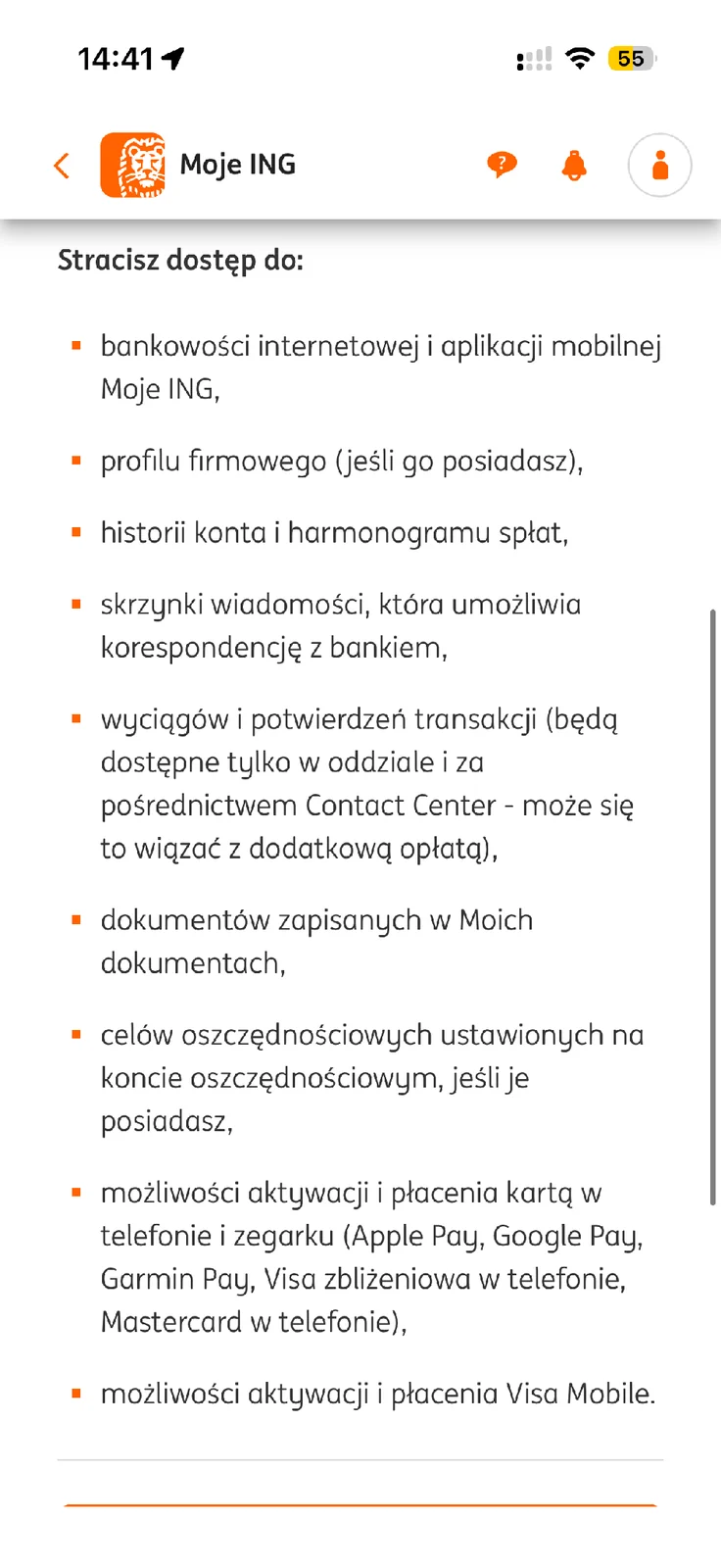 Informacja o funkcjach niedostępnych po zamknięciu Mojego ING