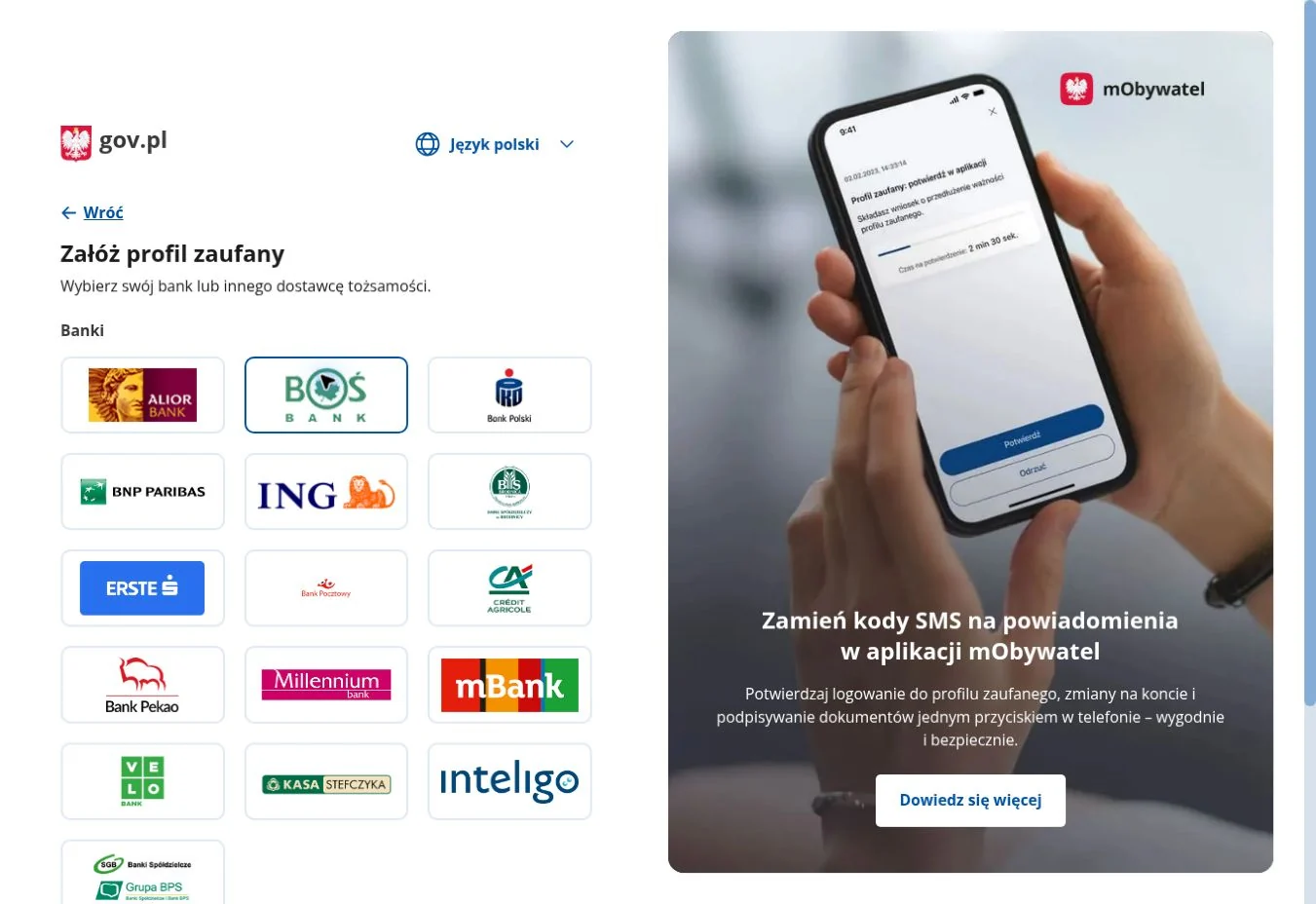 Wybór ING jako banku przy zakładaniu profilu zaufanego na pz.gov.pl
