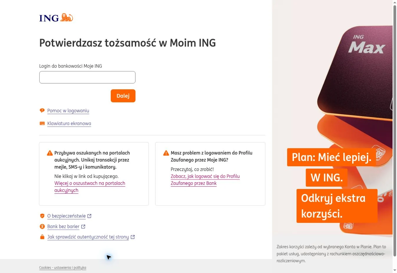 Potwierdzanie tożsamości przez ING na komputerze z pustym polem loginu