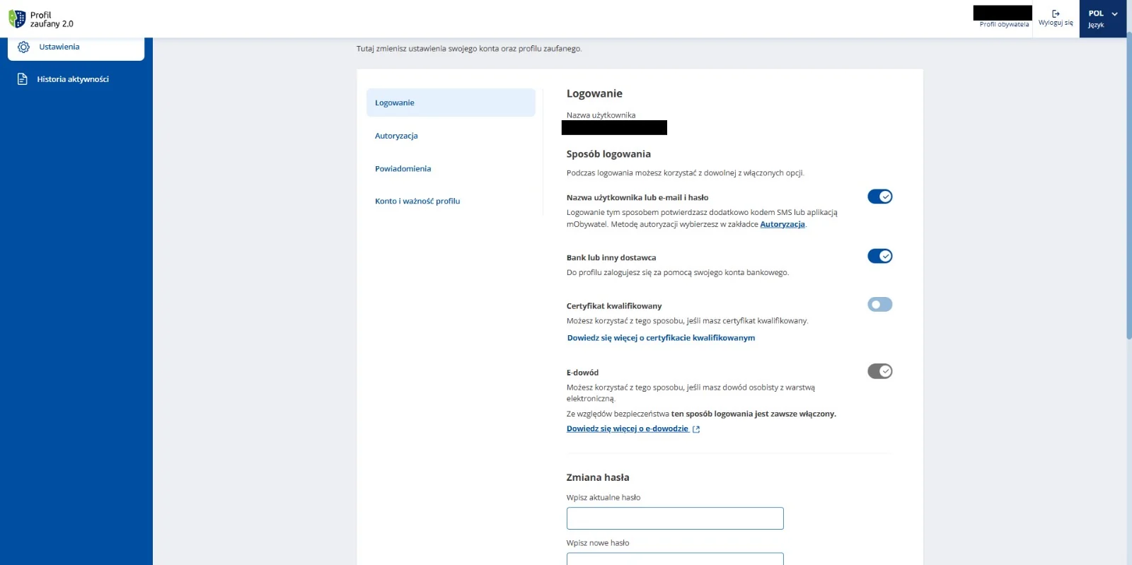 Sposoby logowania w Profilu Zaufanym z włączonym bankiem i hasłem