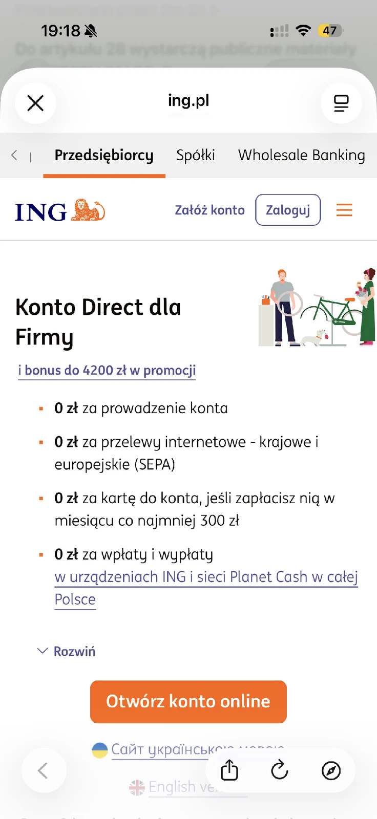 Publiczna oferta Konta Direct dla Firmy w ING z podstawowymi kosztami