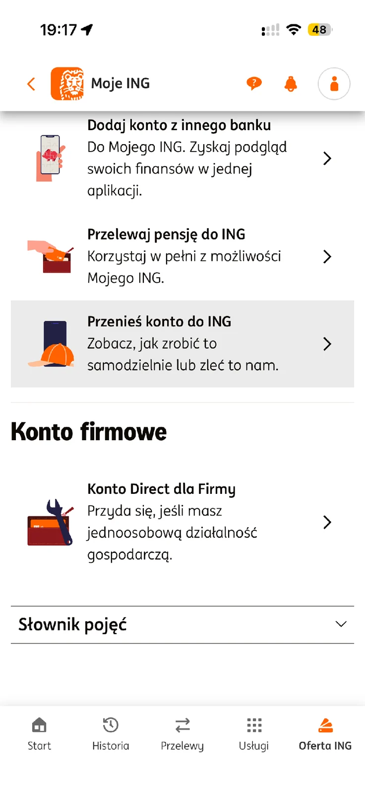 Wybór Konta Direct dla Firmy w ofercie aplikacji Moje ING