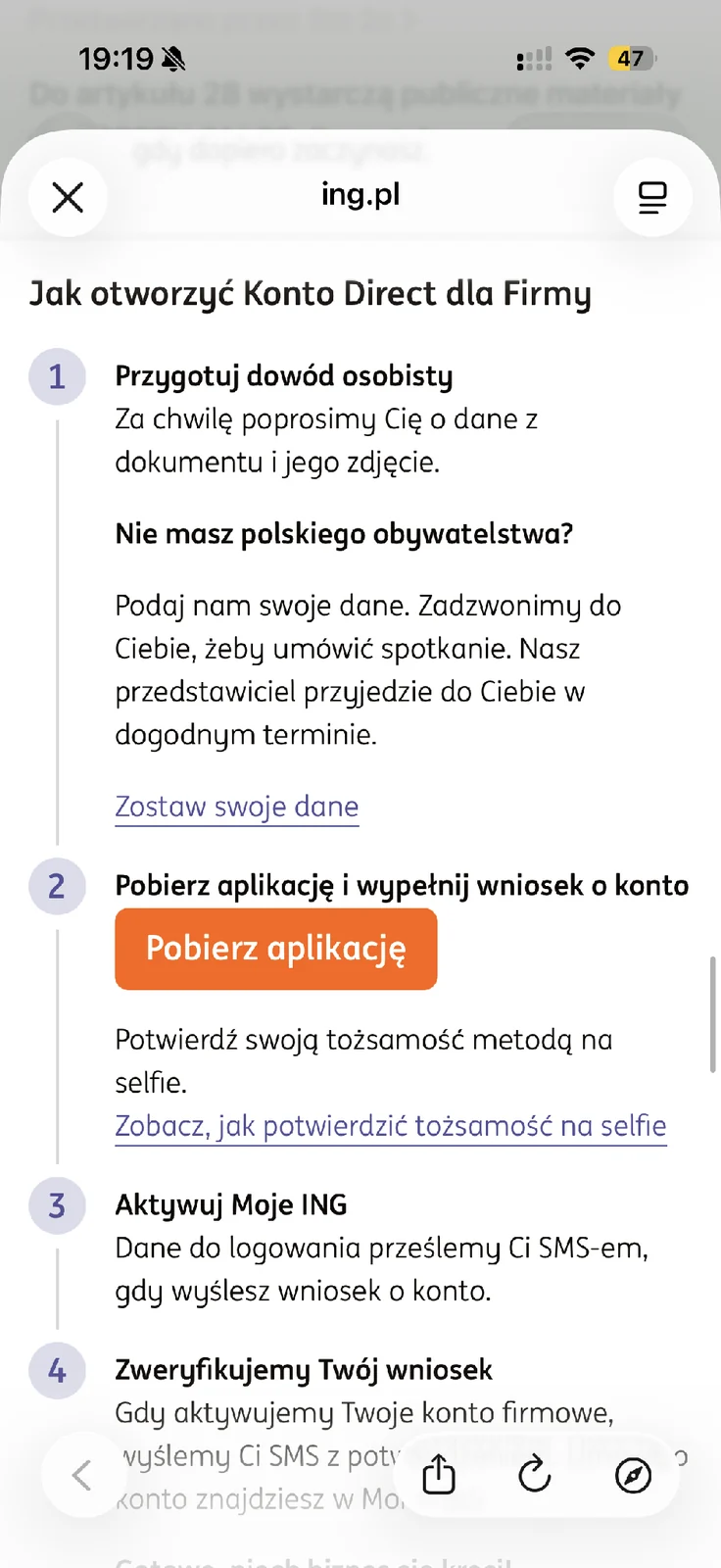 Instrukcja ING dotycząca dokumentu i otwarcia konta firmowego na selfie