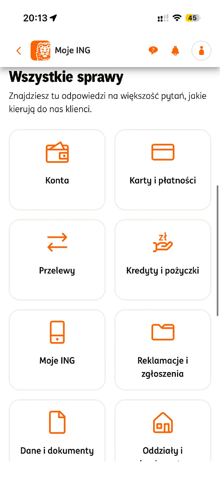 Kafelek Reklamacje i zgłoszenia w pomocy Moje ING