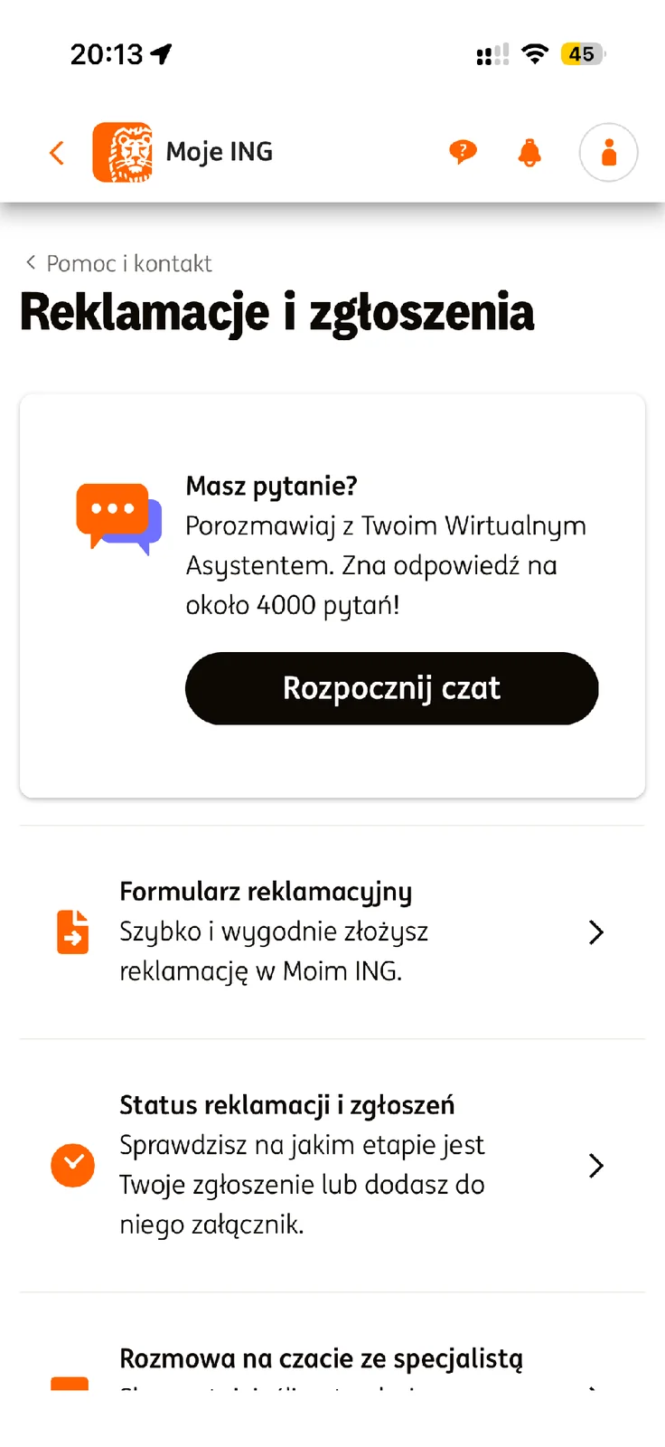 Formularz reklamacyjny i status reklamacji w Moim ING