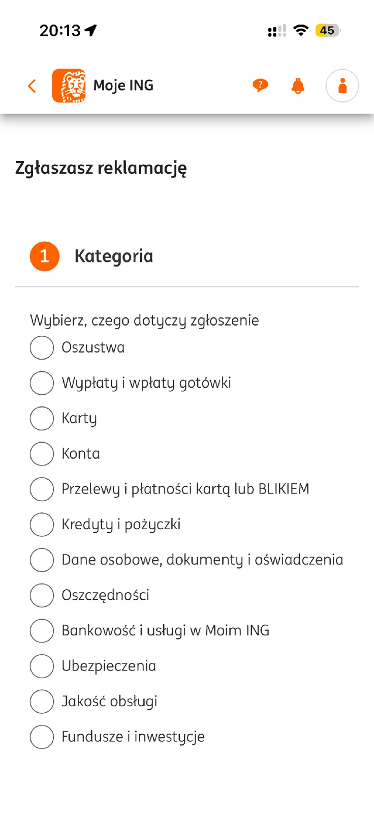 Kategorie formularza reklamacyjnego ING