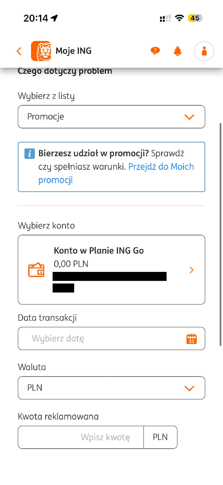 Pola daty i kwoty w reklamacji dotyczącej promocji ING