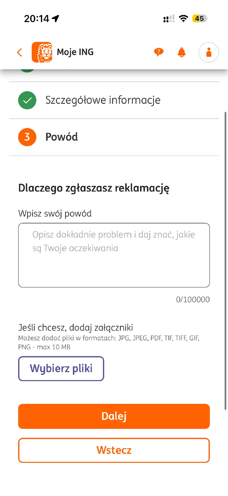 Opis problemu i dodawanie załączników do reklamacji ING