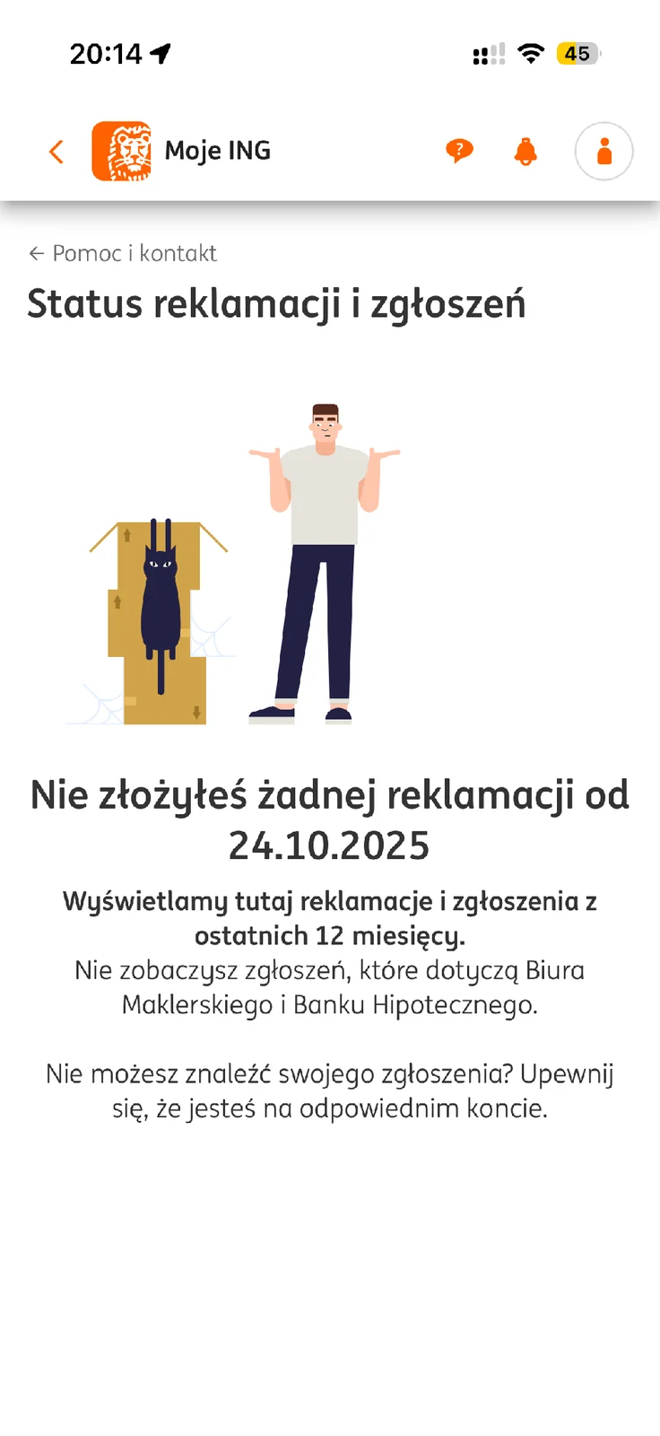 Pusta lista statusów reklamacji i zgłoszeń w ING