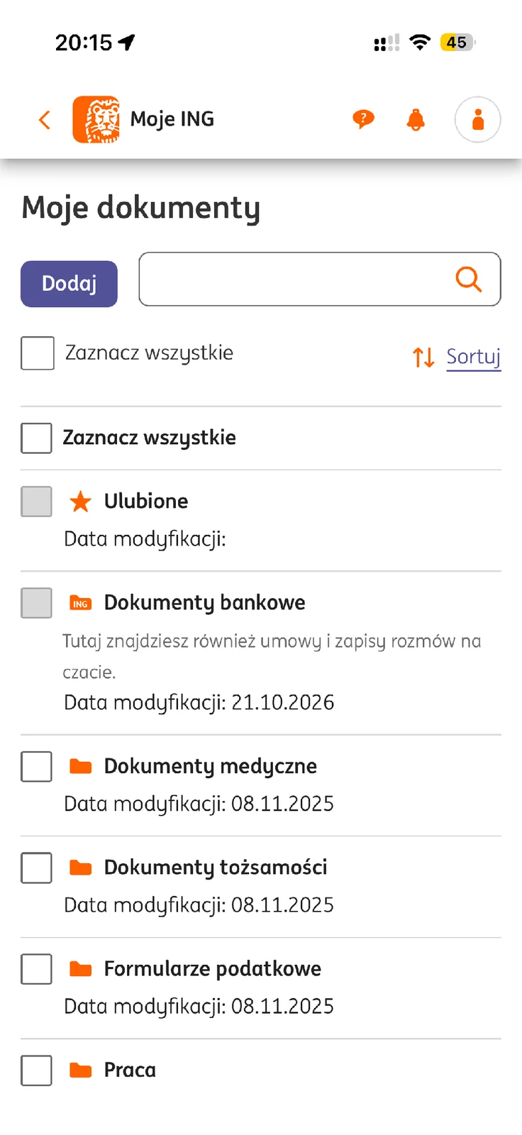 Folder Dokumenty bankowe w Moich dokumentach ING
