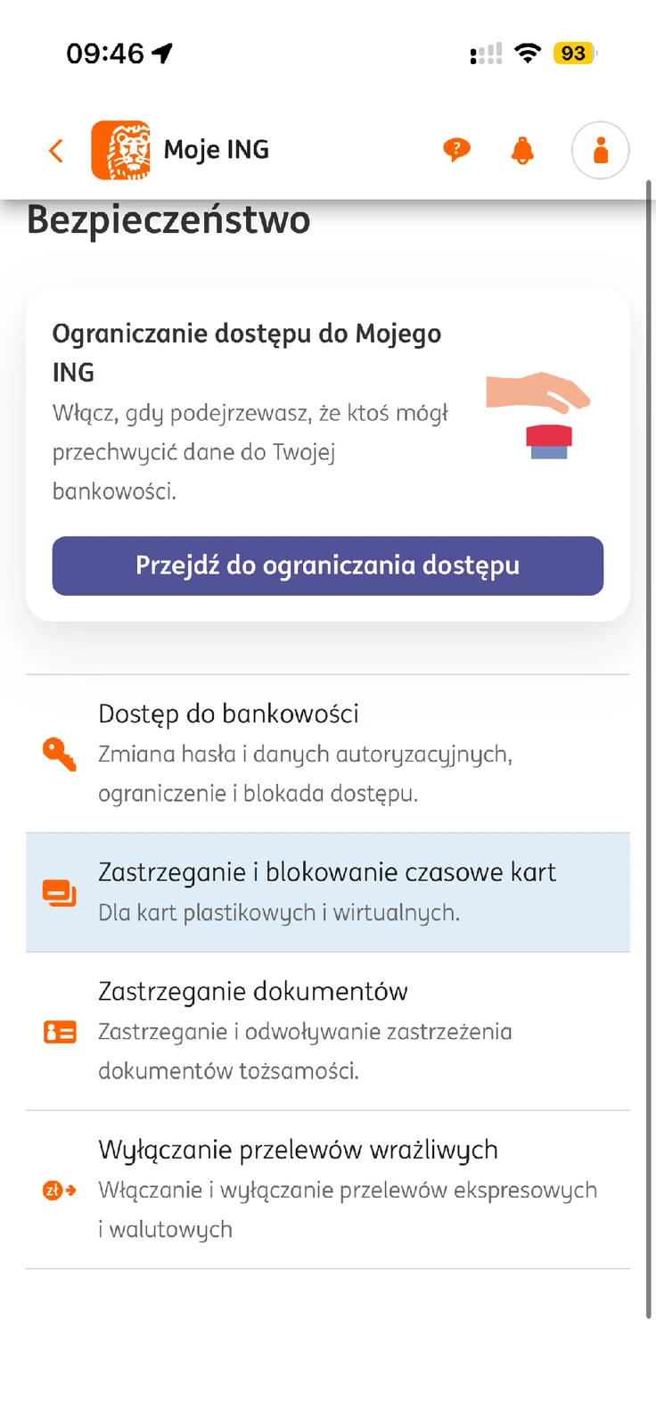 Ustawienia bezpieczeństwa ING z pozycją Dostęp do bankowości