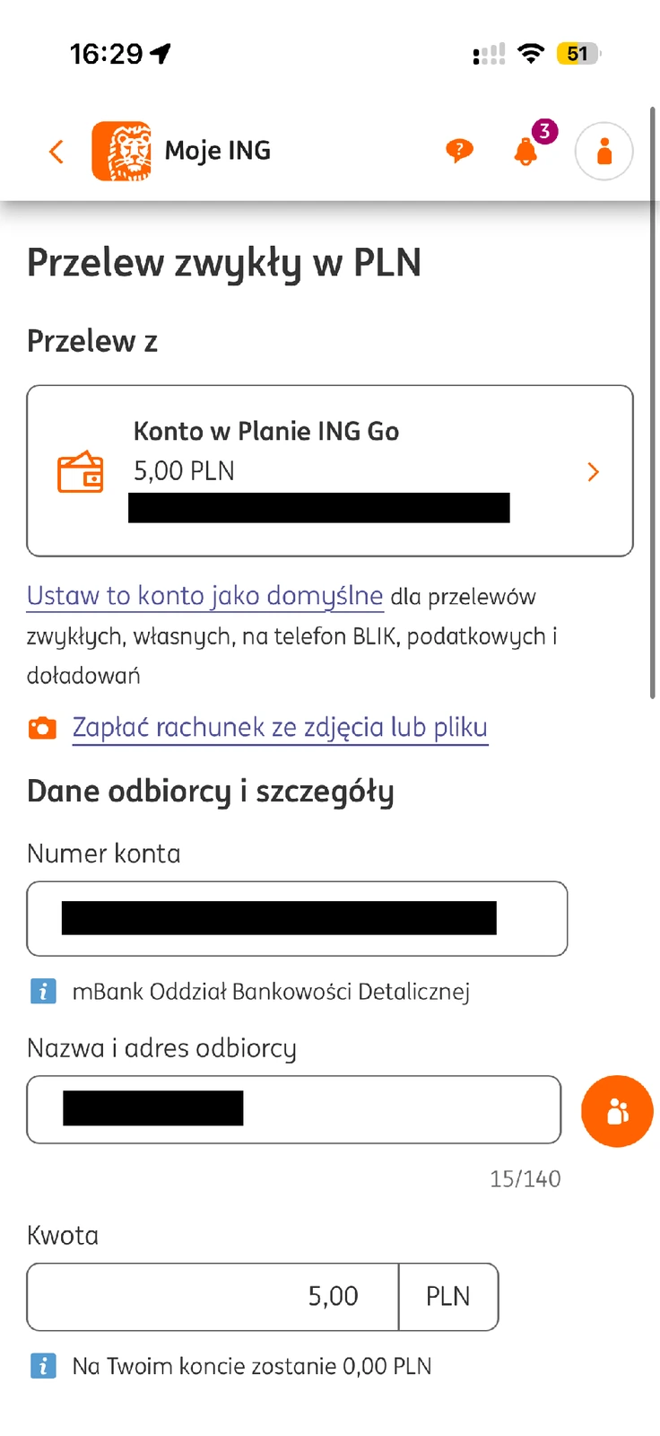 Formularz przelewu w PLN z zamaskowanymi danymi odbiorcy