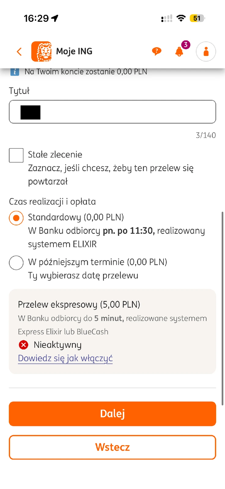 Nieaktywny przelew ekspresowy z opłatą 5 zł w Moim ING