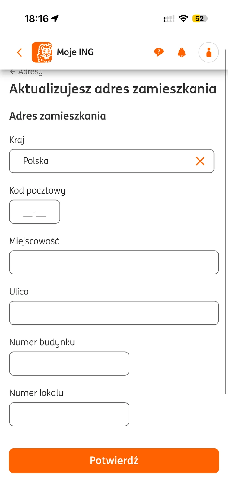 Pusty formularz adresu w ING z polami kodu, miejscowości, ulicy i lokalu