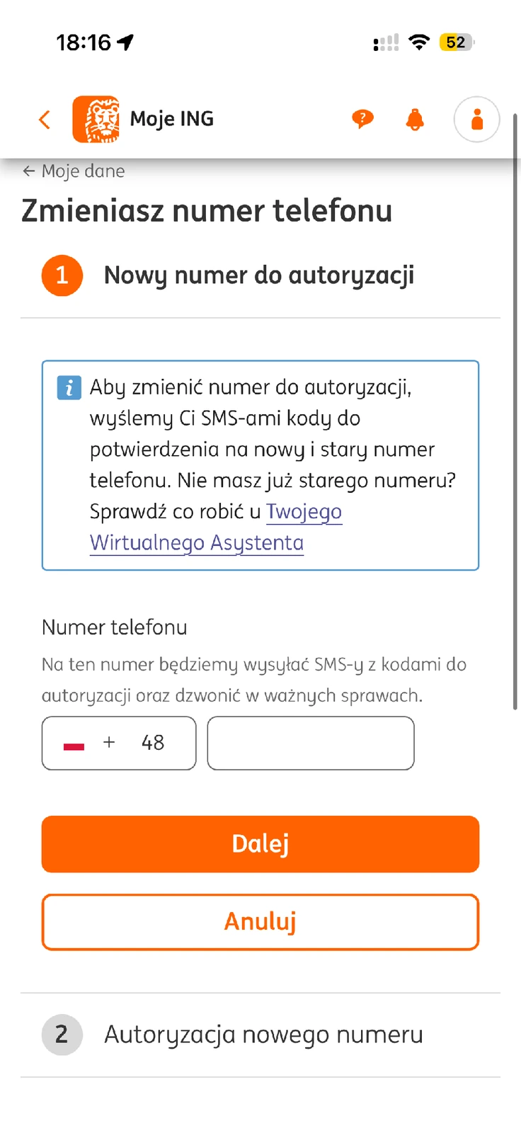 Formularz nowego numeru do autoryzacji ING z informacją o dwóch kodach SMS
