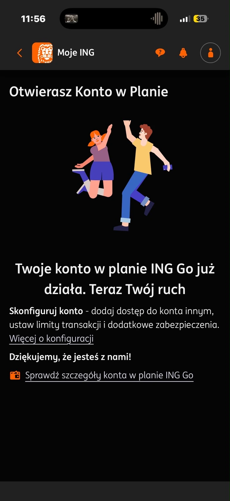 Potwierdzenie w aplikacji, że konto w planie ING Go już działa