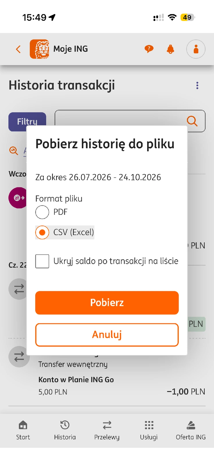 Eksport historii ING do pliku CSV Excel