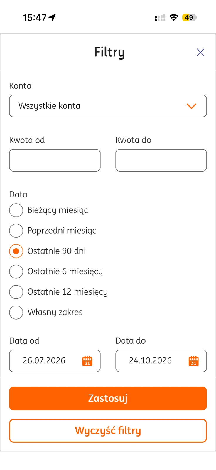Filtry historii Moje ING z wyborem konta i dat