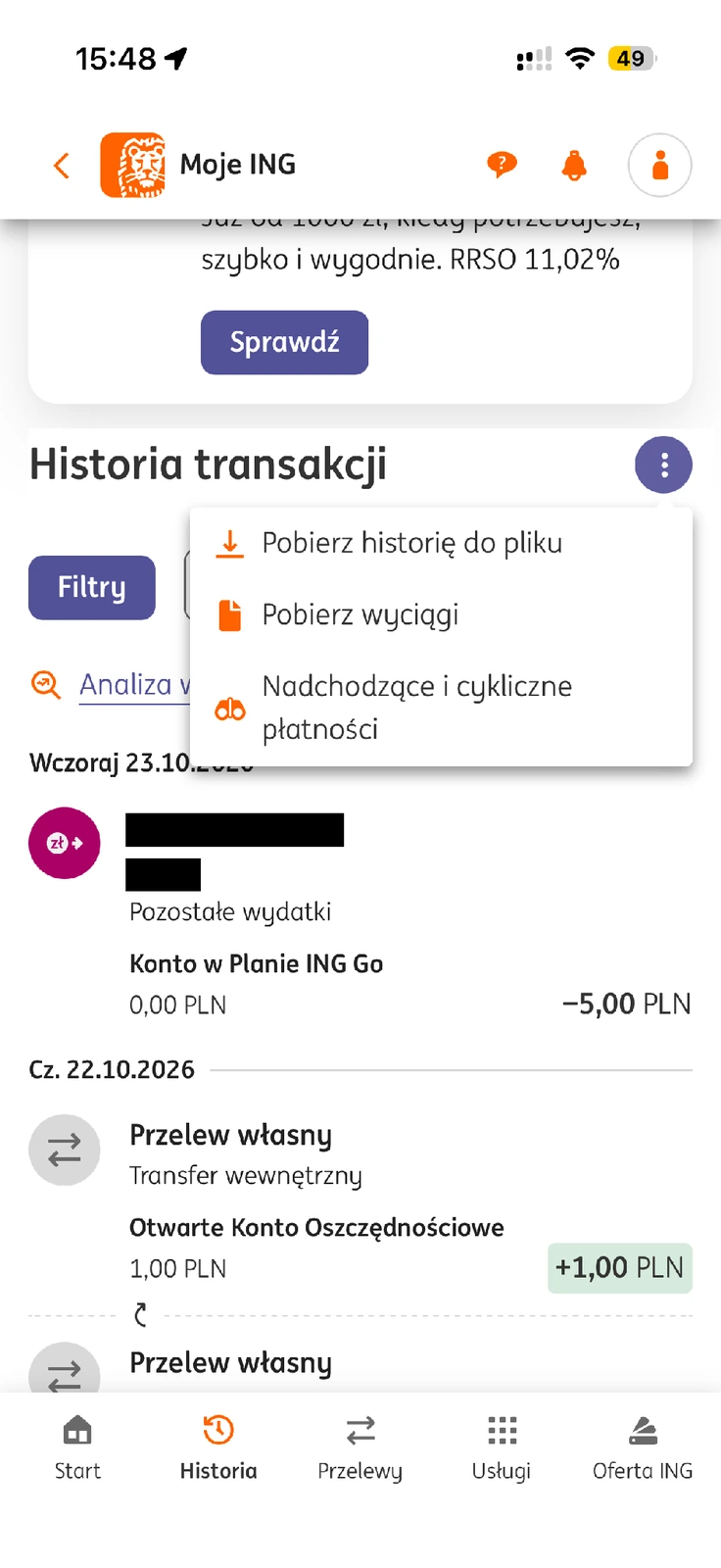 Menu historii ING z Pobierz historię do pliku i Pobierz wyciągi