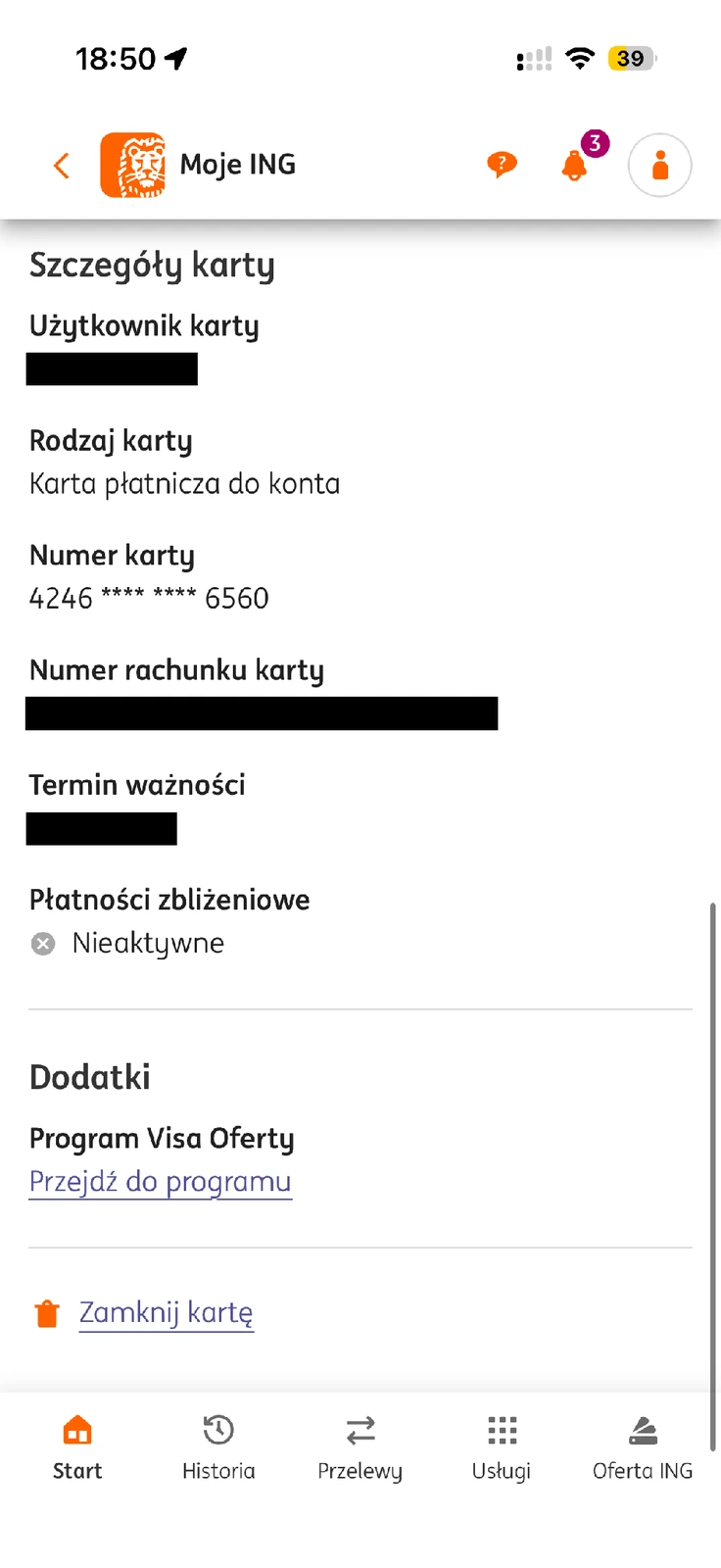 Status nieaktywnych płatności zbliżeniowych w szczegółach karty ING
