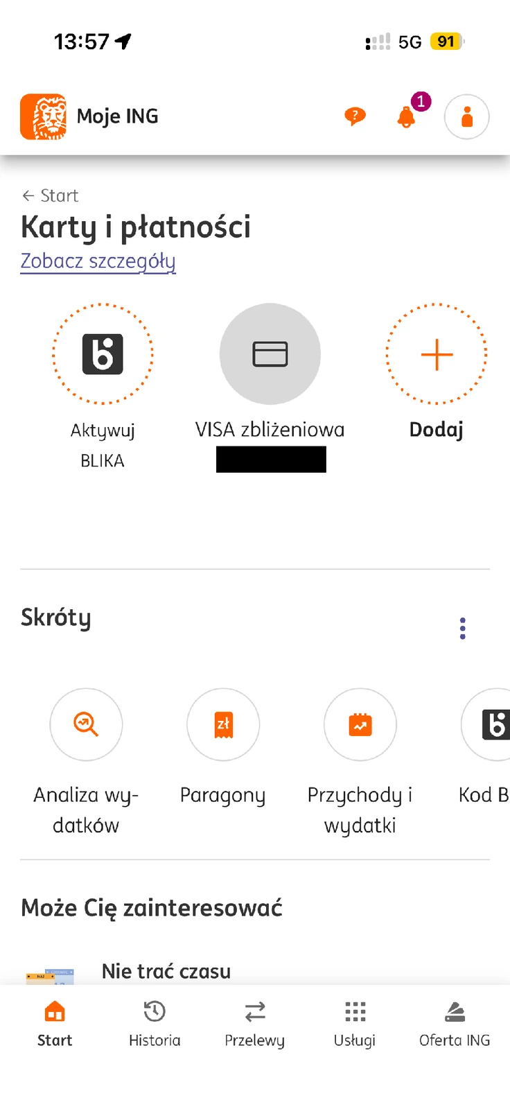 Wybór karty Visa w sekcji Karty i płatności Moje ING