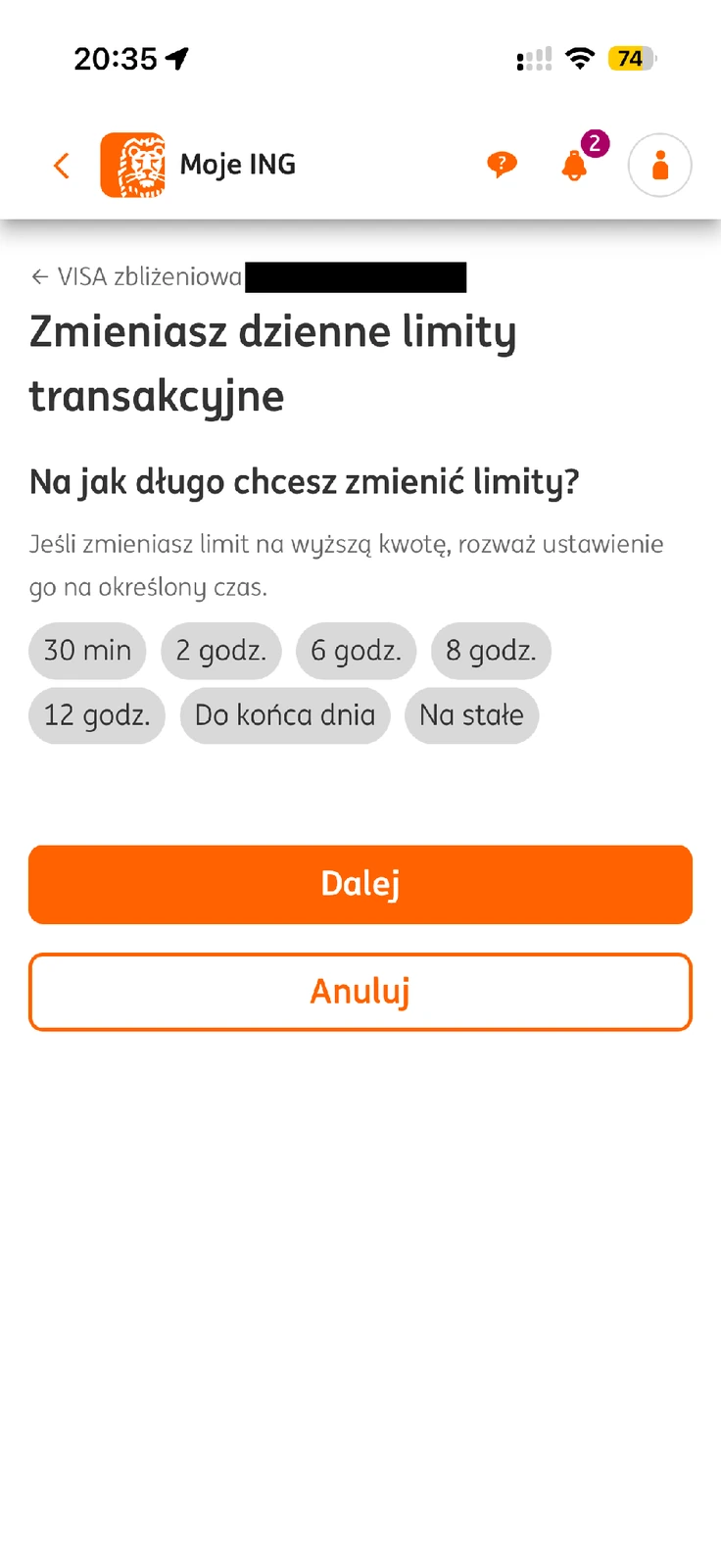 Dostępne okresy tymczasowej zmiany limitów karty ING