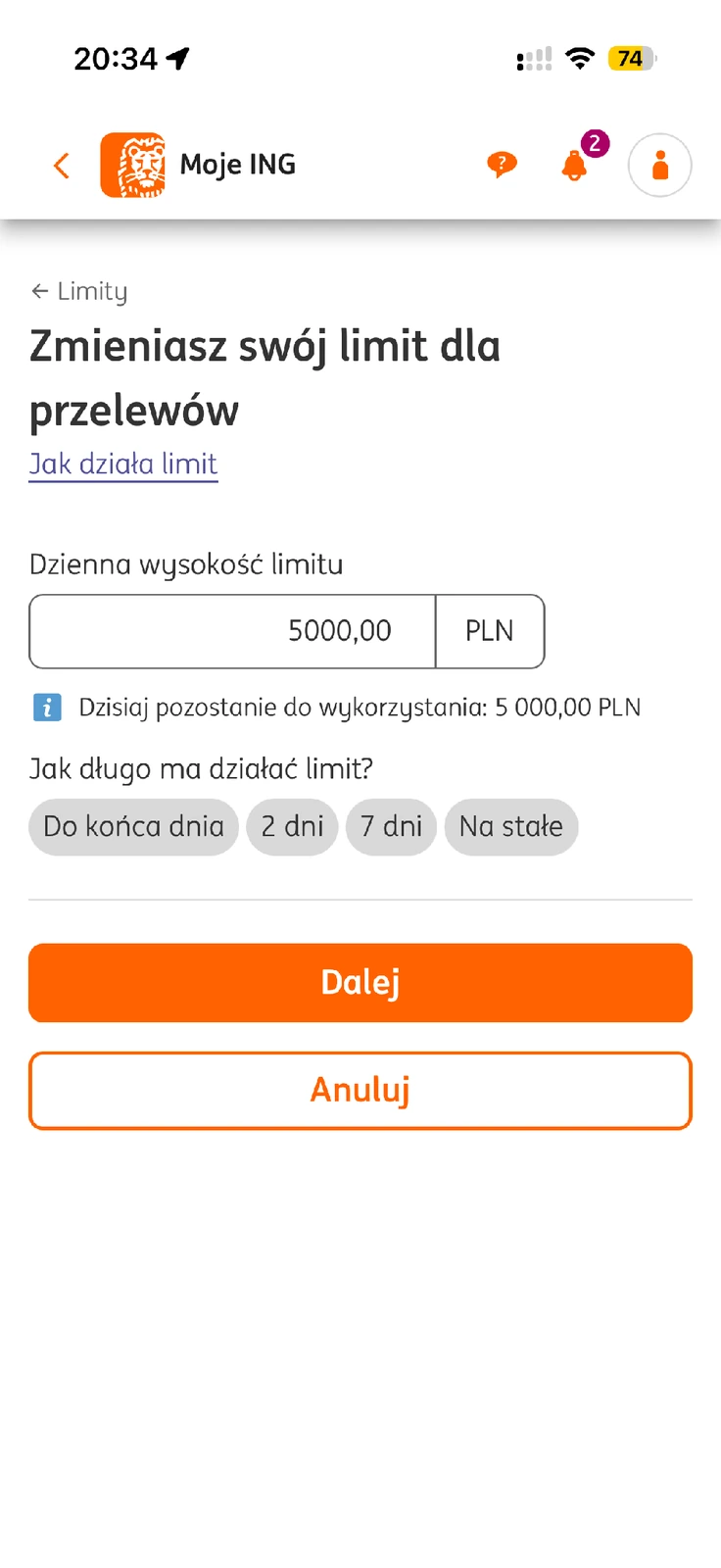 Zmiana kwoty i czasu obowiązywania limitu przelewów ING