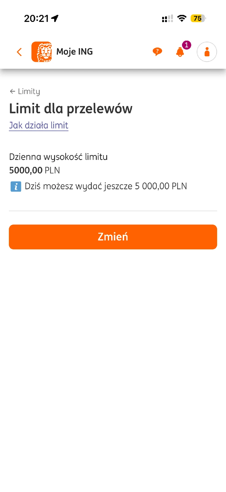 Podgląd dziennego limitu przelewów ING i pozostałej kwoty